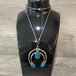 Elegant Silver and Turquoise Squash Blossom Naja Pendant Necklace